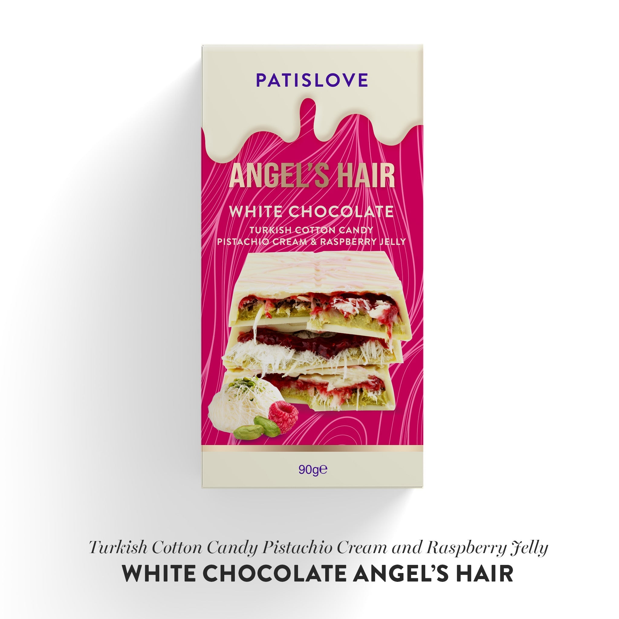 Angel's Hair Witte Chocolade Turkse Suikerspin Pistache Crème & Frambozengelei, 90 g