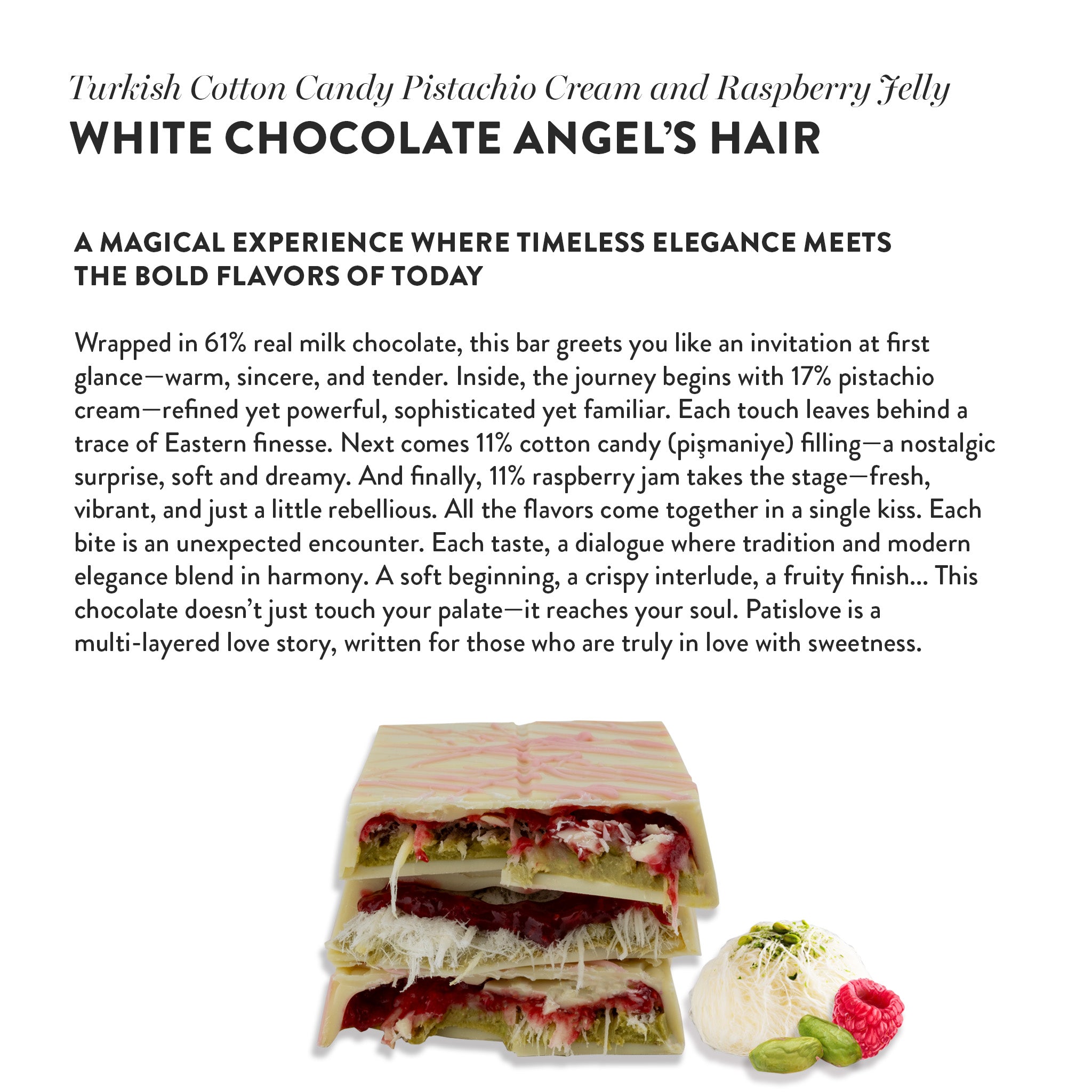 Angel's Hair Witte Chocolade Turkse Suikerspin Pistache Crème & Frambozengelei, 90 g