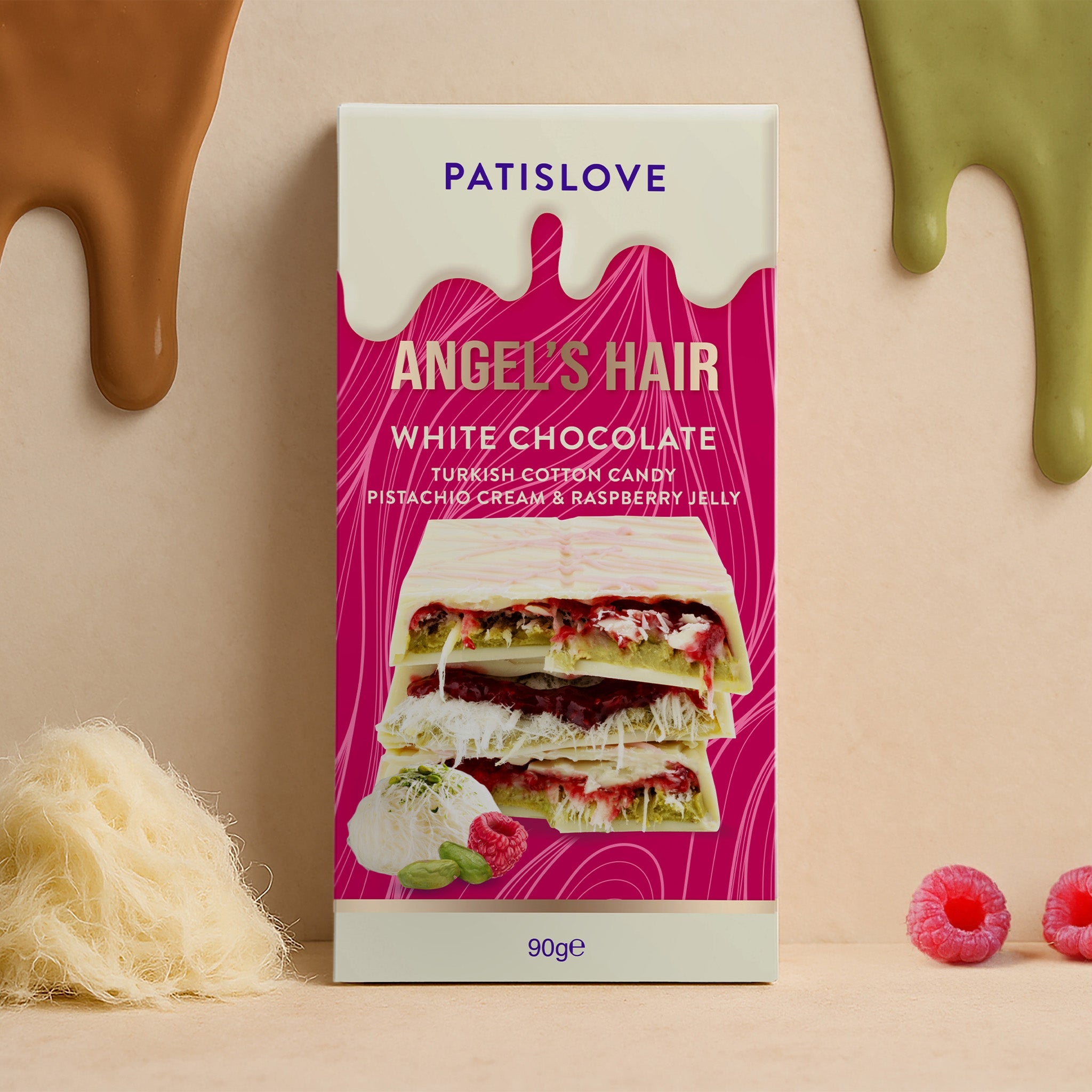 Angel's Hair Witte Chocolade Turkse Suikerspin Pistache Crème & Frambozengelei, 90 g