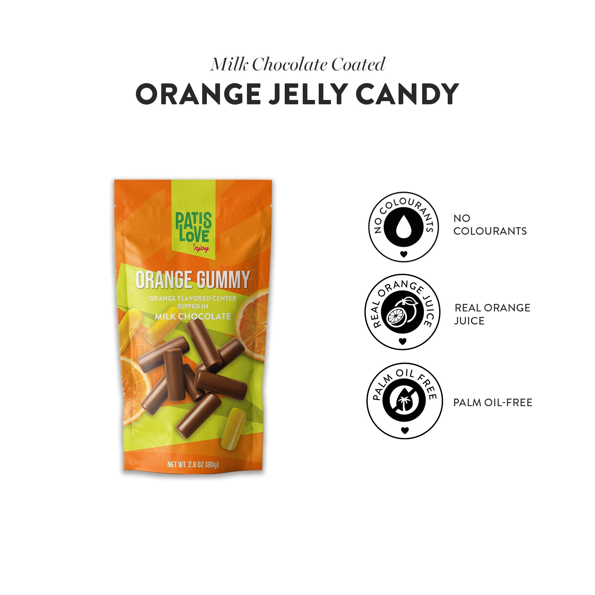 Gomitas de Naranja Patislove – Cubiertas de Chocolate con Leche, 80 g