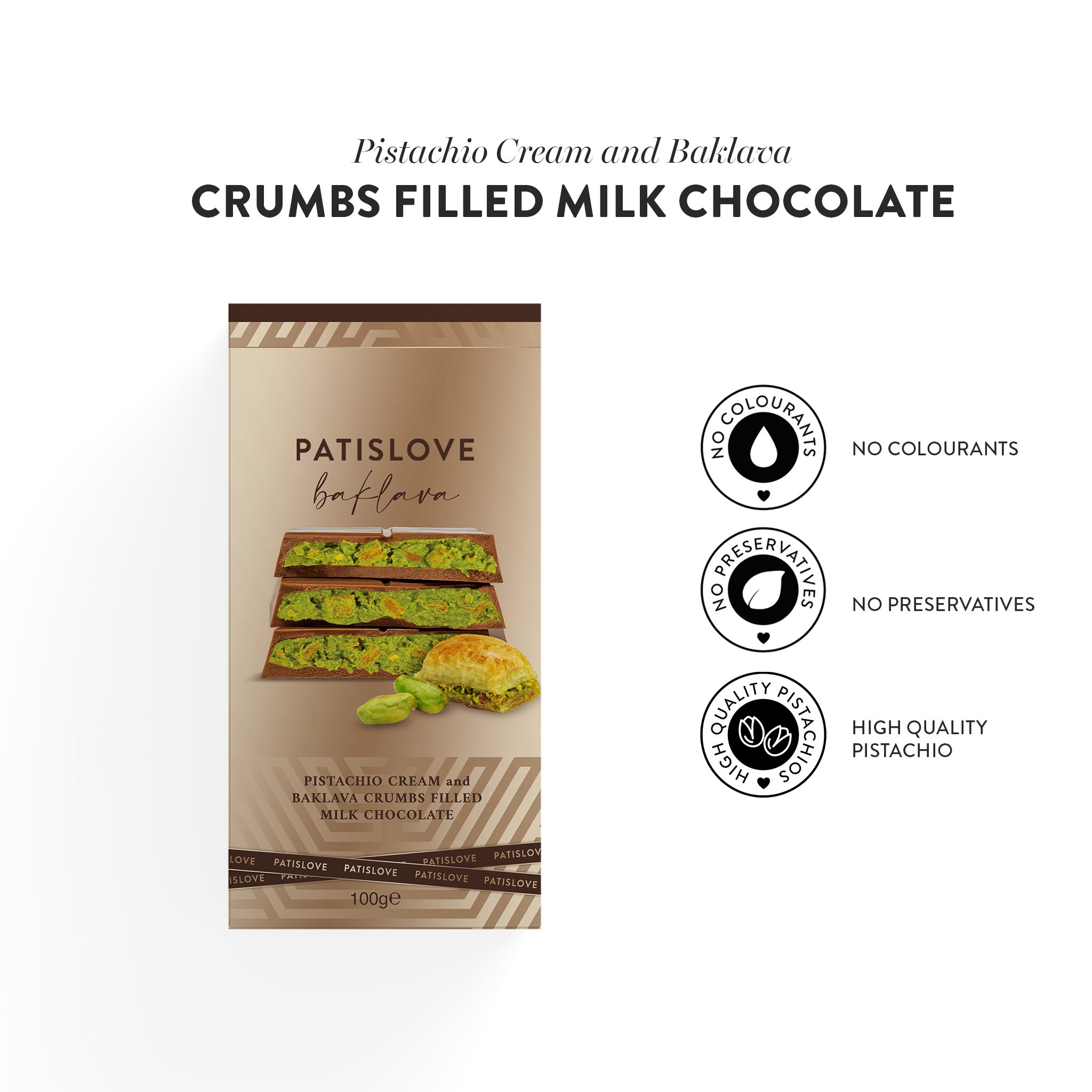 Pistachio Cream and Baklava Crumbs Filled Milk Chocolate, 100G