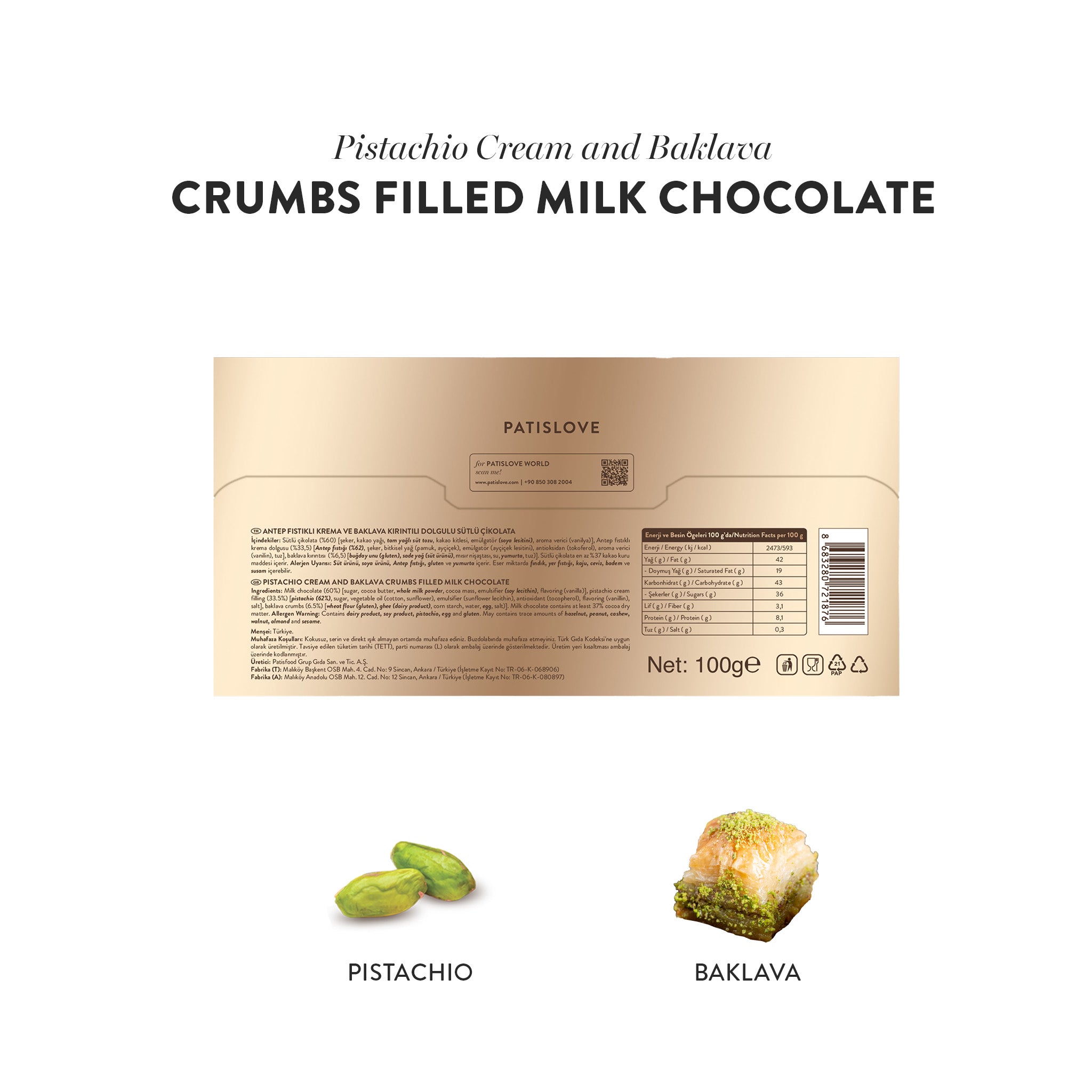 Pistachio Cream and Baklava Crumbs Filled Milk Chocolate, 100G