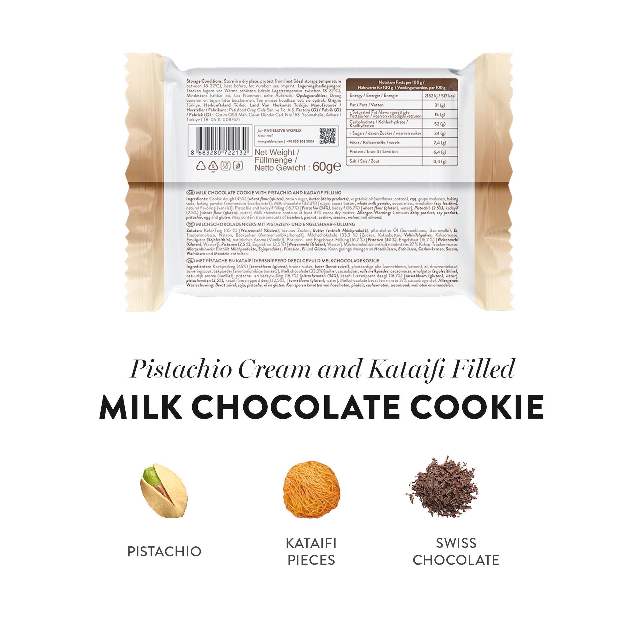 Milk Chocolate Cookie with Pistachio and Kadayif Filling, 60G