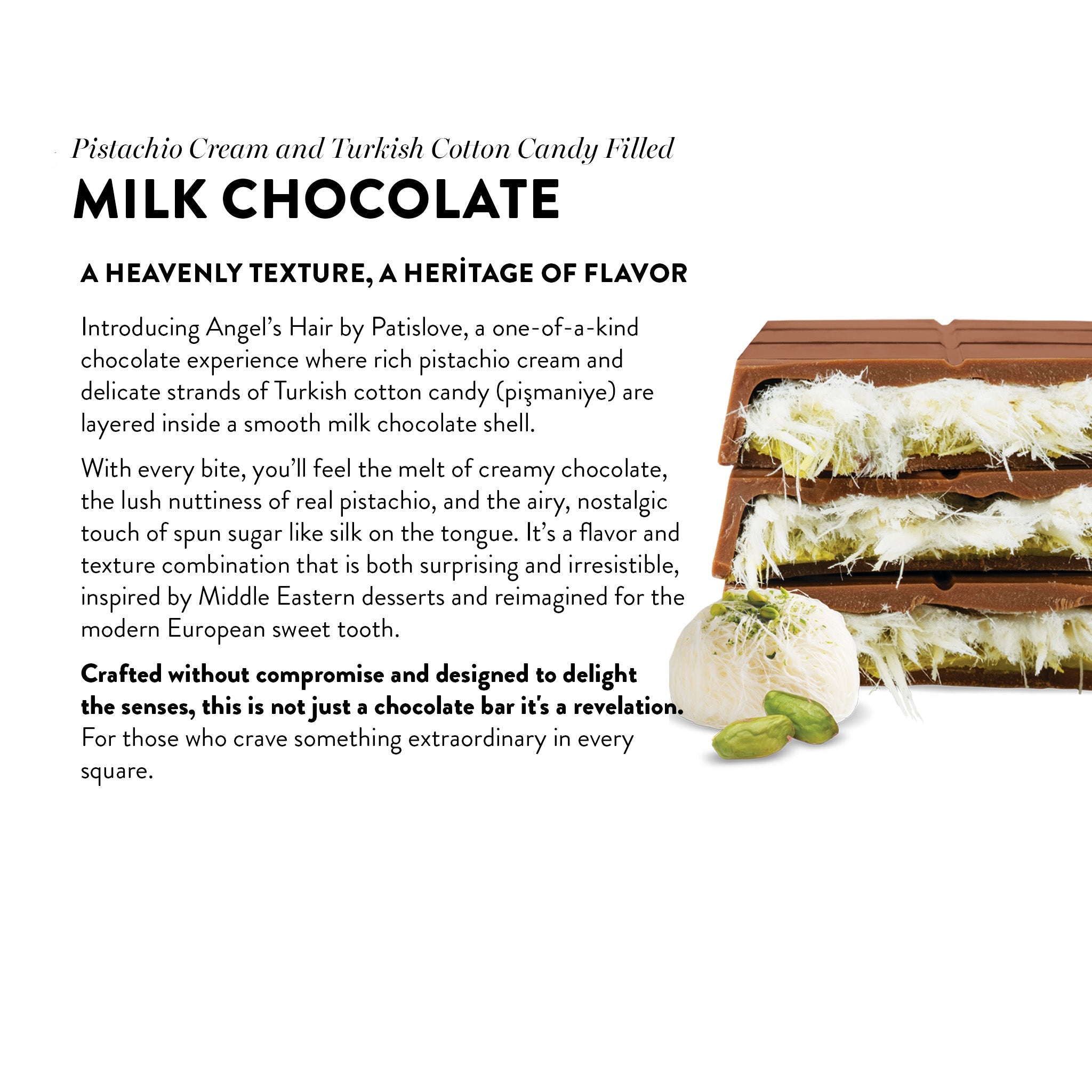 Chocolate con Leche Angel’s Hair con Algodón de Azúcar Turco y Crema de Pistacho, 90 G