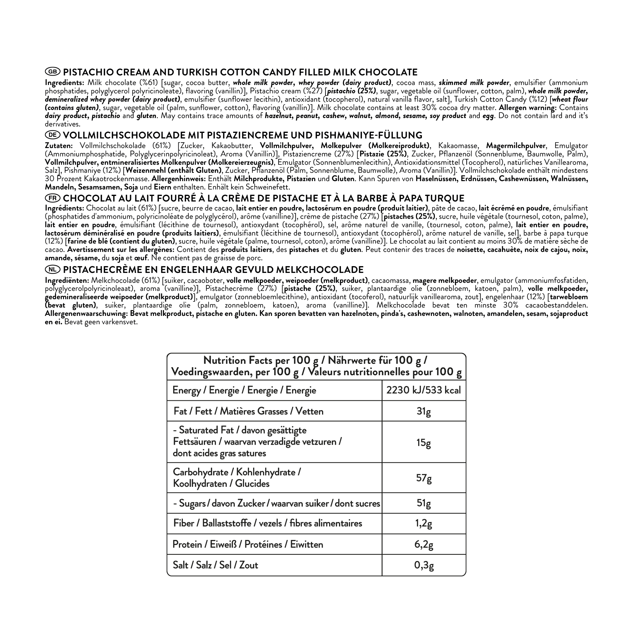Chocolate con Leche Angel’s Hair con Algodón de Azúcar Turco y Crema de Pistacho, 90 G