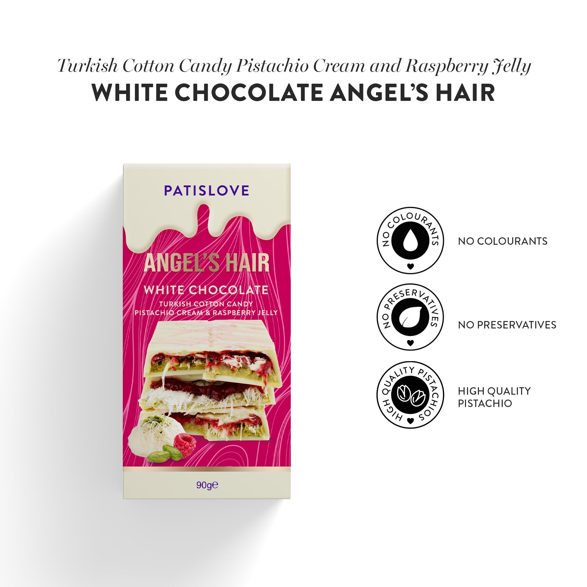 Angel's Hair Weiße Schokolade Türkische Zuckerwatte Pistaziencreme & Himbeergelee, 90G