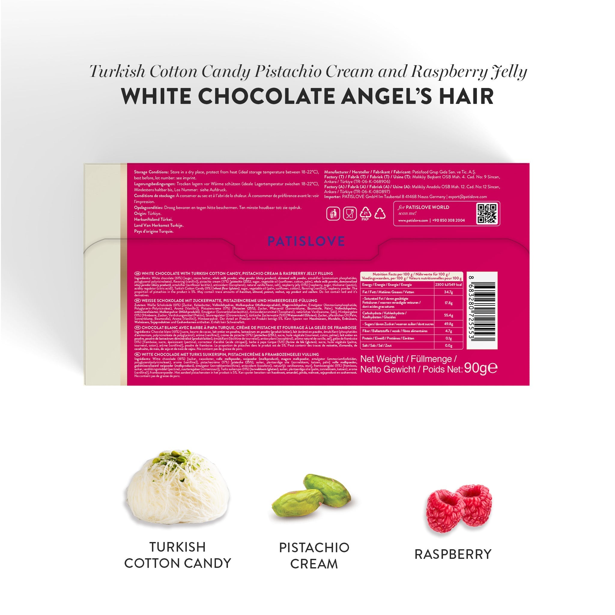 Angel's Hair Weiße Schokolade Türkische Zuckerwatte Pistaziencreme & Himbeergelee, 90G