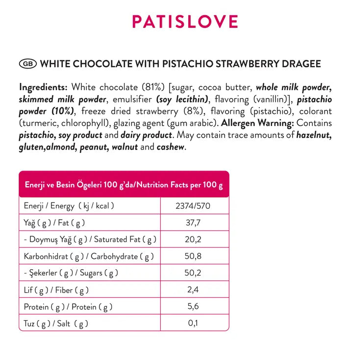Fresa Liofilizada Cubierta de Chocolate Blanco y Pistacho, 80 G