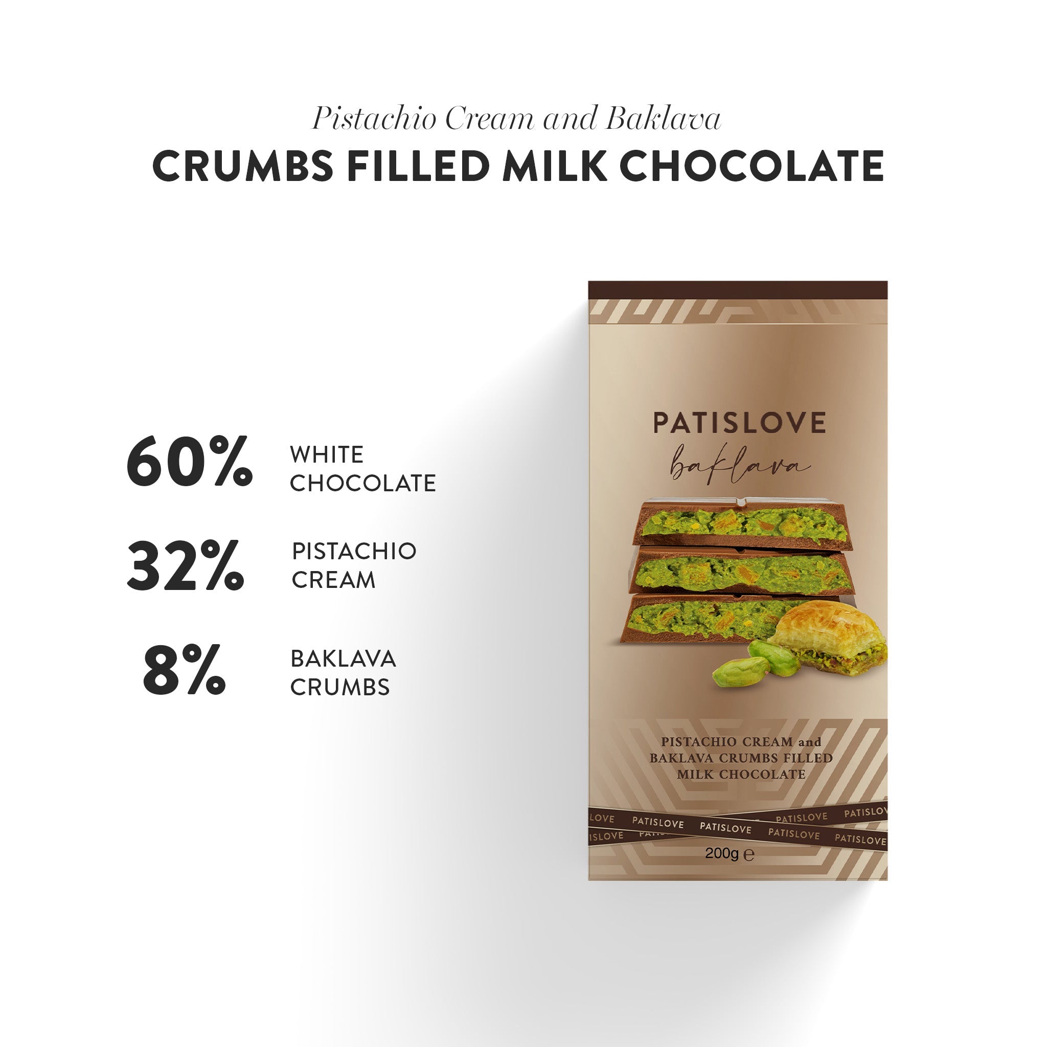 Pistachio Cream and Baklava Crumbs Filled Milk Chocolate, 200G