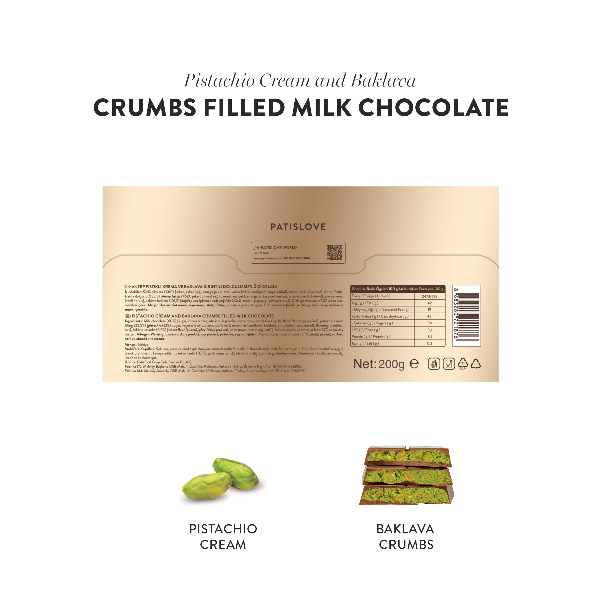 Pistachio Cream and Baklava Crumbs Filled Milk Chocolate, 200G