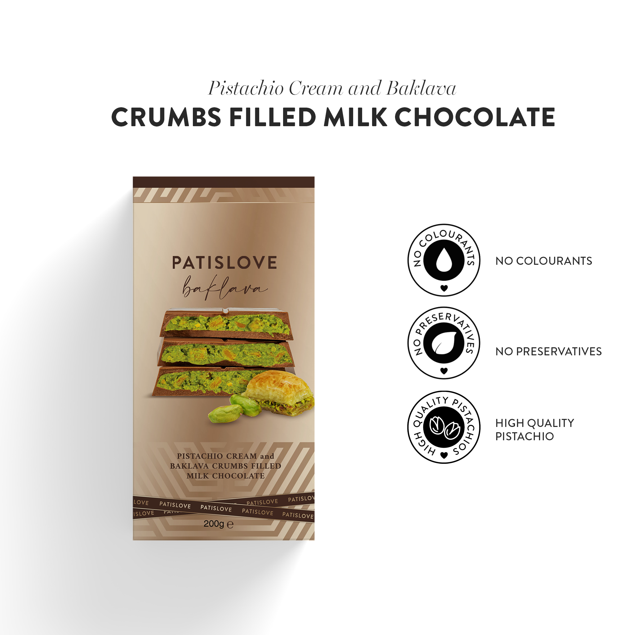 Pistachio Cream and Baklava Crumbs Filled Milk Chocolate, 200G