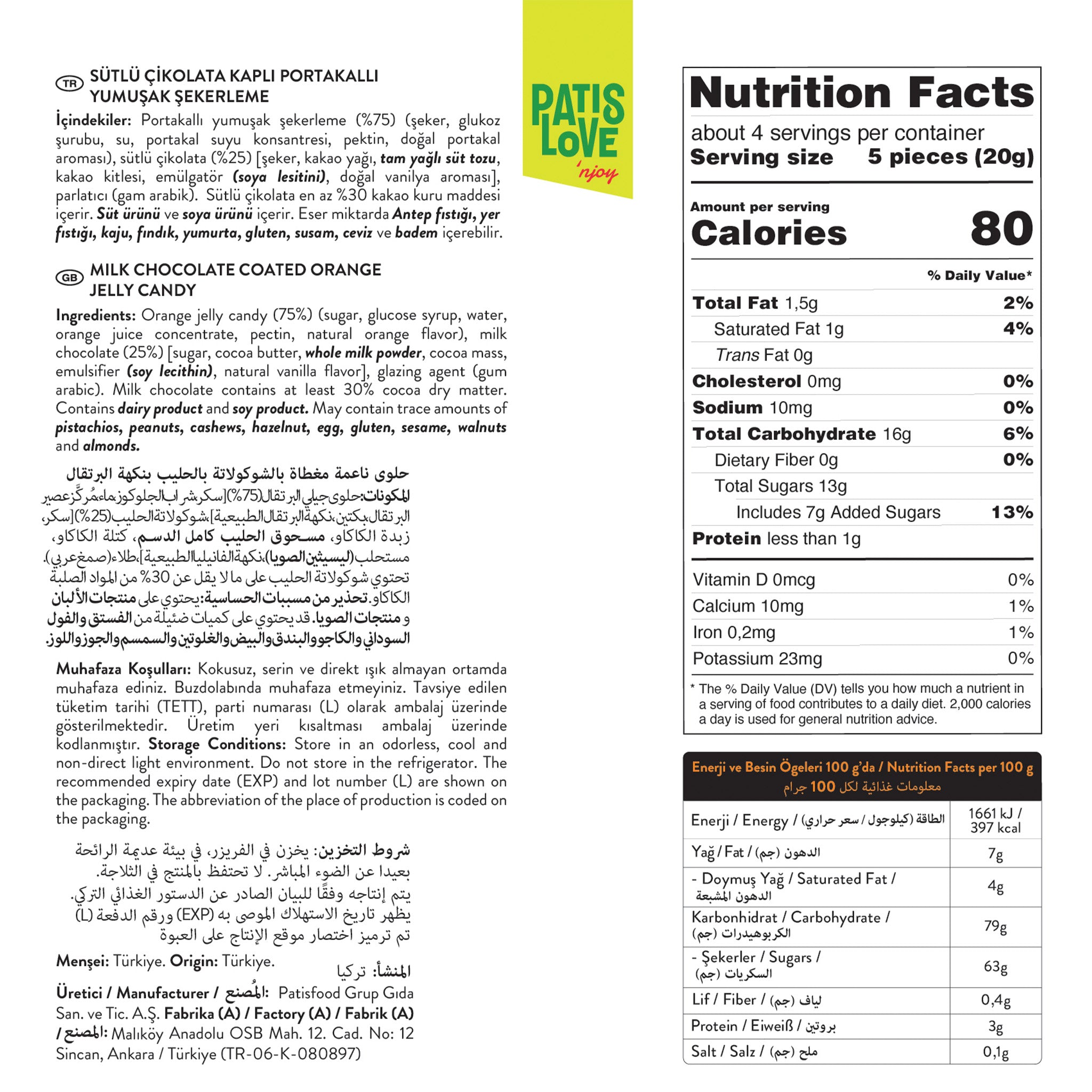 Caramelle Gommose all’Arancia Patislove – Ricoperte di Cioccolato al Latte, 80G