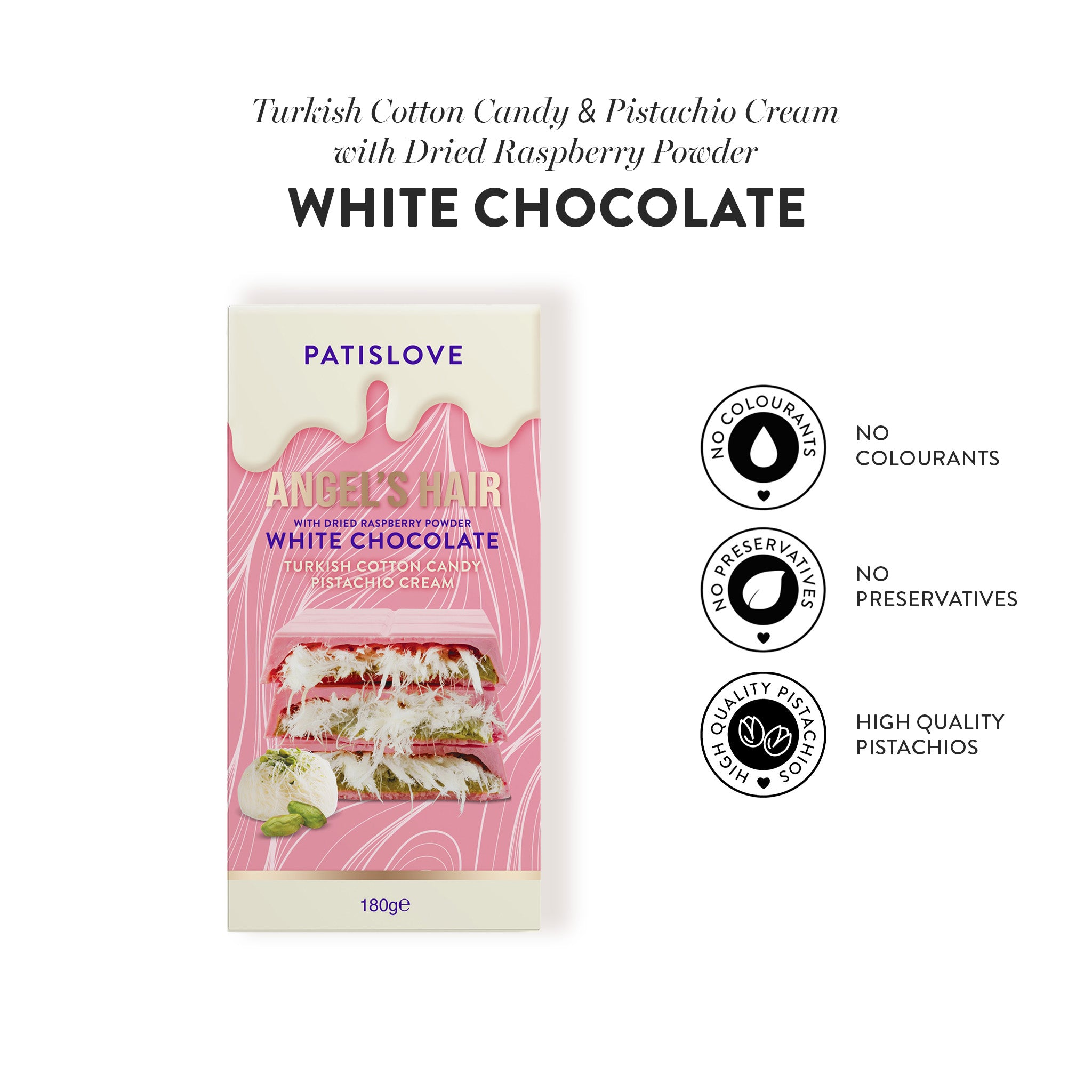 Angel’s Hair White Chocolate with Dried Raspberry Powder, 180G