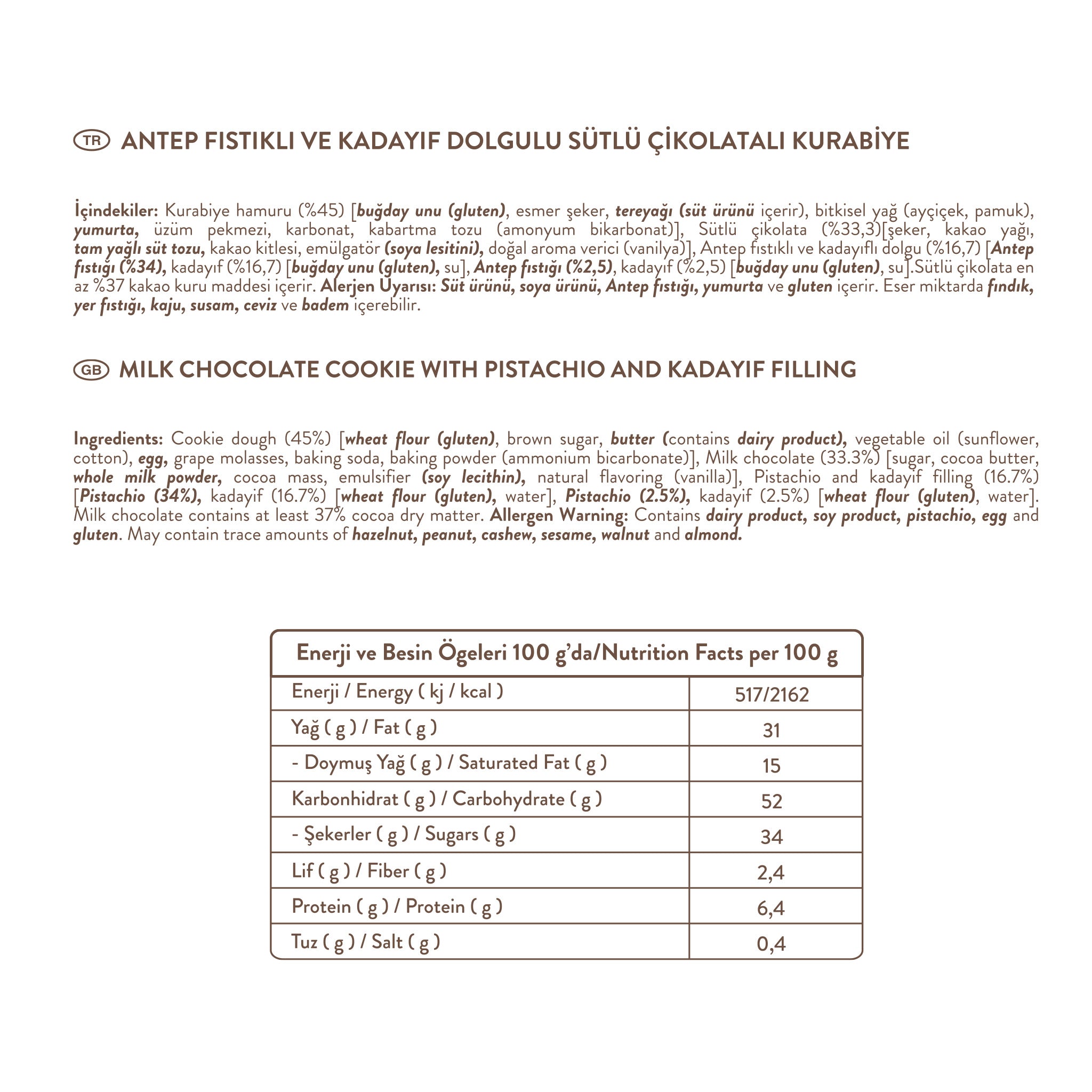 Milk Chocolate Cookie with Pistachio and Kadayif Filling, 60G
