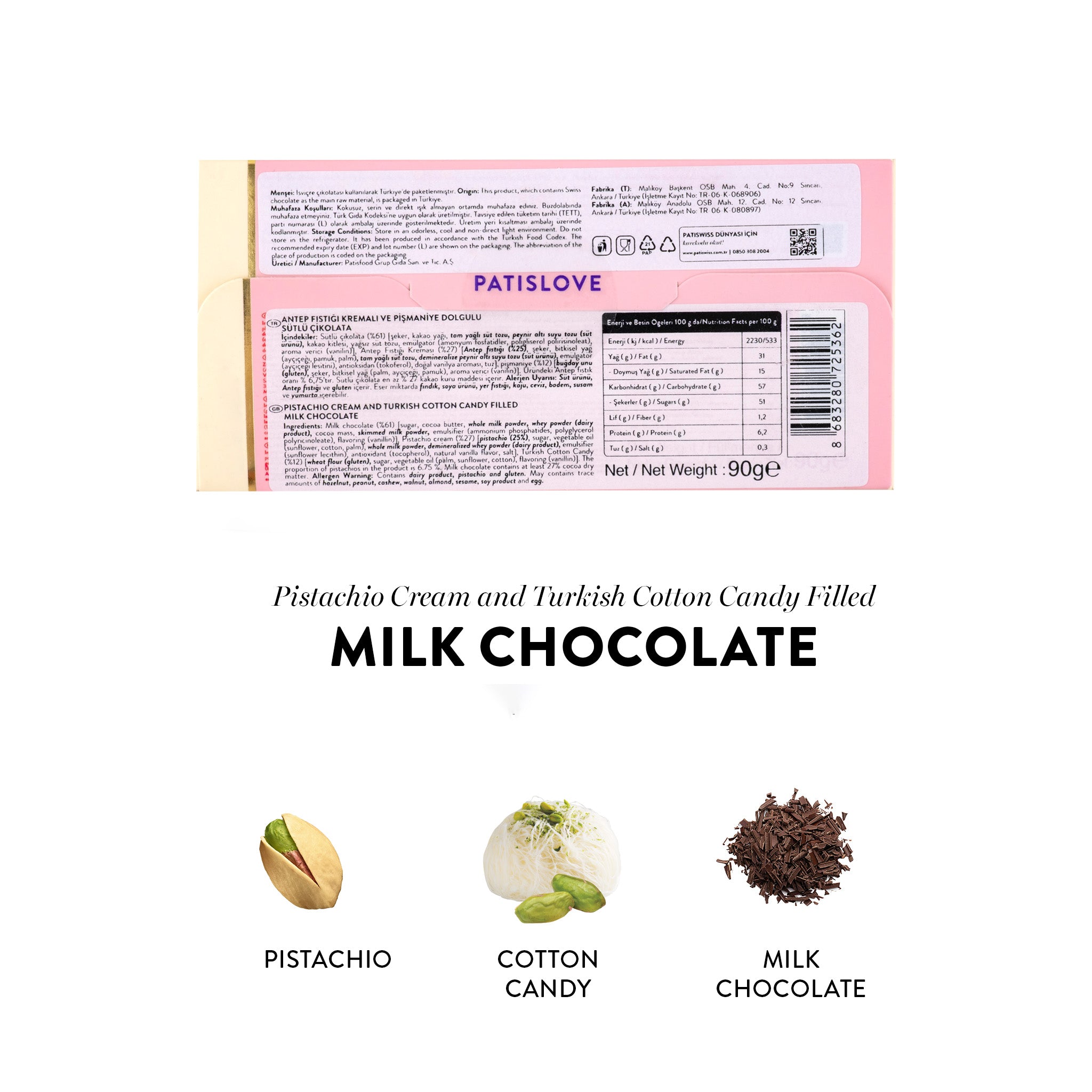 Chocolate con Leche Angel’s Hair con Algodón de Azúcar Turco y Crema de Pistacho, 90 G