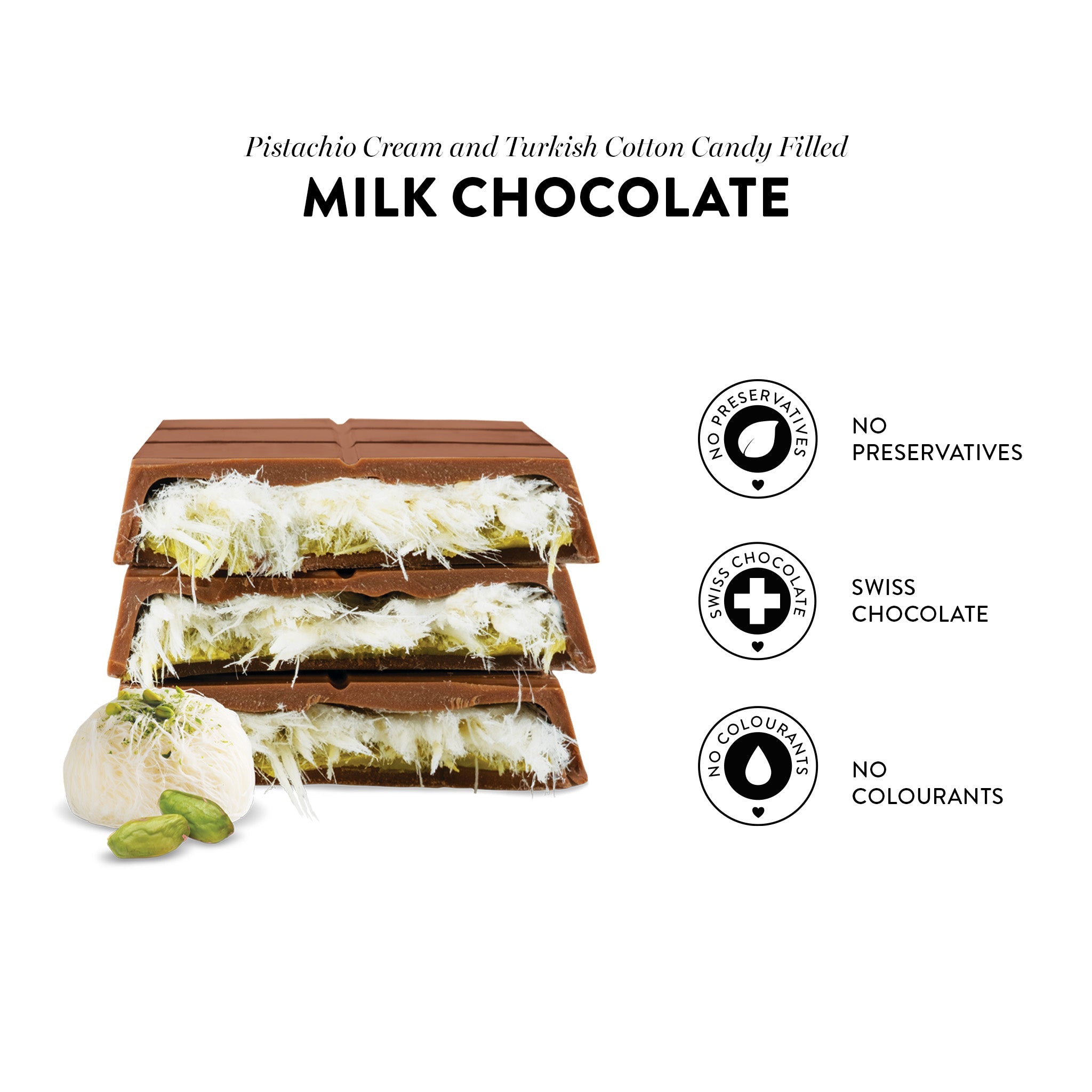 Chocolate con Leche Angel’s Hair con Algodón de Azúcar Turco y Crema de Pistacho, 90 G