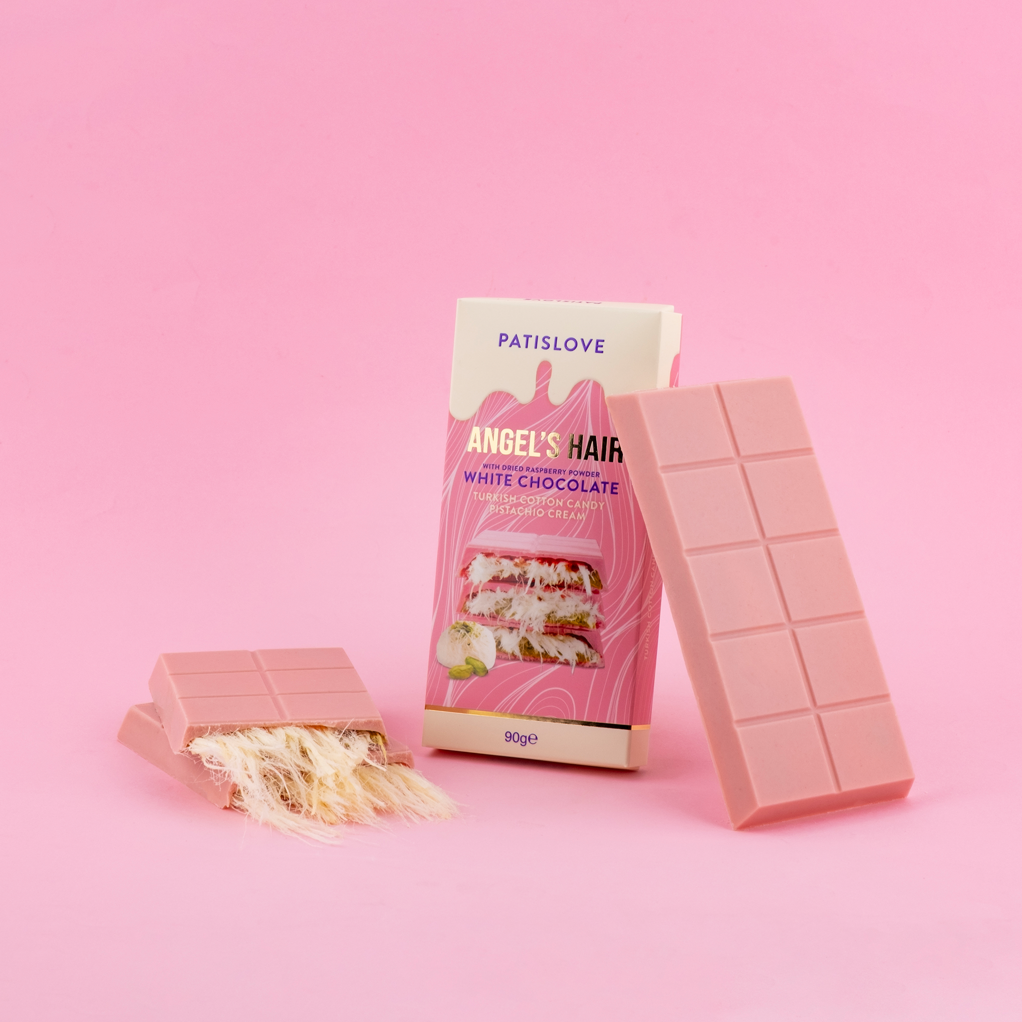 Angel’s Hair White Chocolate with Dried Raspberry Powder Turkish Cotton Candy Pistachio Cream, 90G