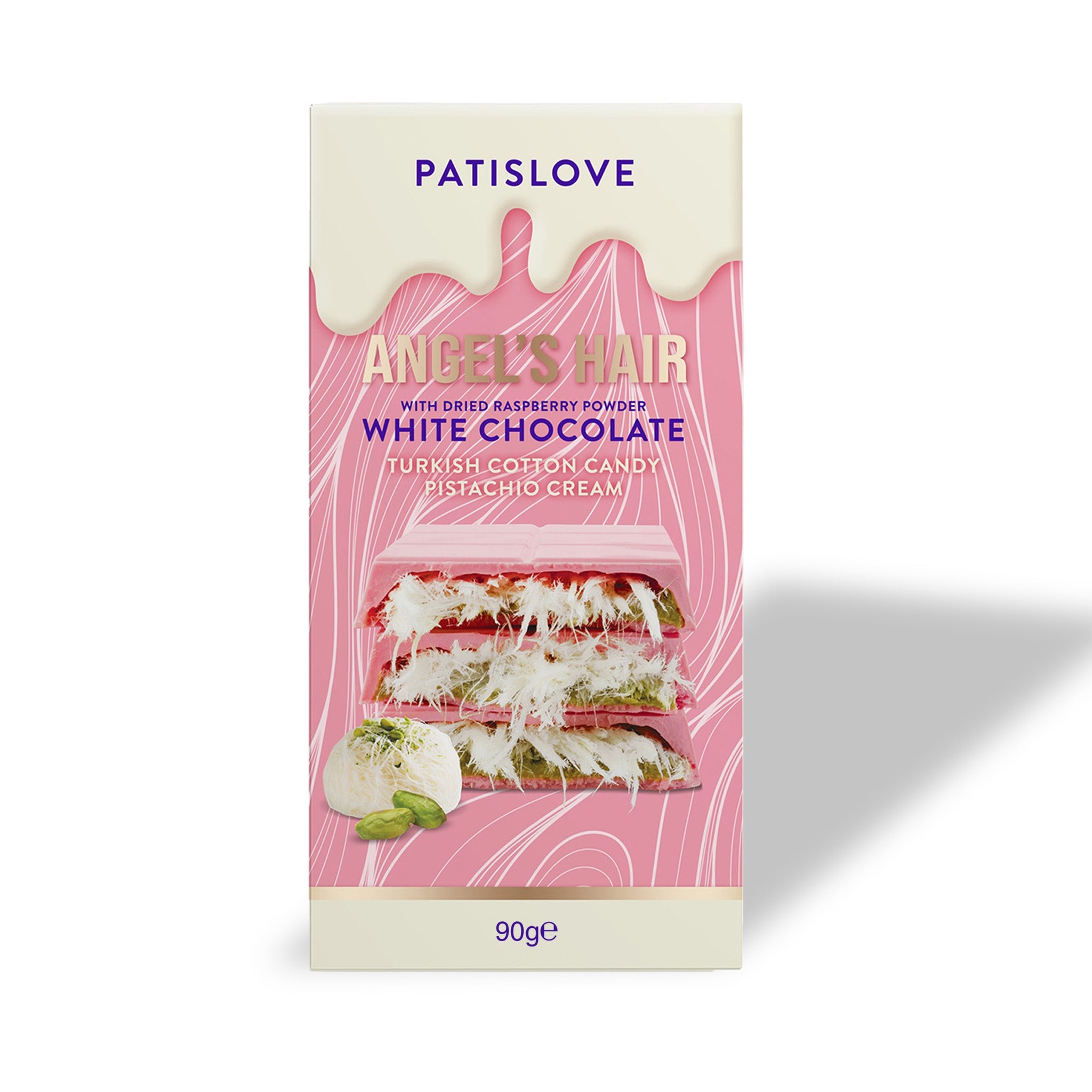 Angel’s Hair White Chocolate with Dried Raspberry Powder Turkish Cotton Candy Pistachio Cream, 90G